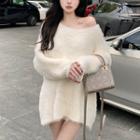 Round-neck Furry-knit Sweater White - One Size