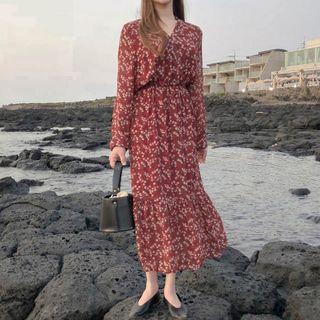 Flower Print V-neck A-line Midi Dress