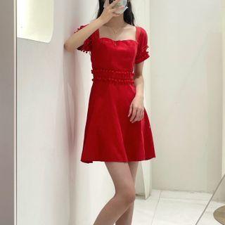 Short-sleeve Pom Pom Mini A-line Dress