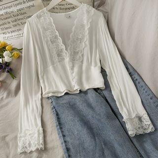 Patchwork Slim-fit Satin Crop Blouse White - One Size