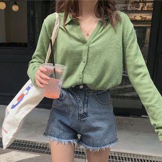 Collared Cardigan / Denim Shorts