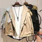 Furry Trim Lettering Hooded Padded Zip Jacket