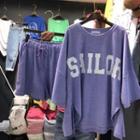 Set: Slit-side Short Sleeve Letter Print T-shirt + Drawstring Shorts