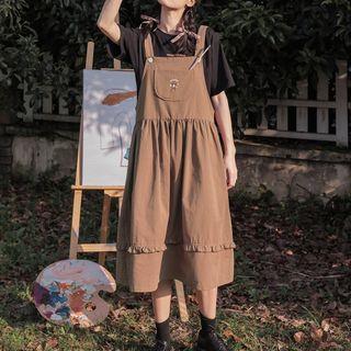 Bear Embroidered Midi A-line Overall Dress