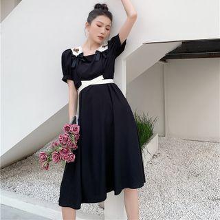 Puff-sleeve Floral Embroidered Bow A-line Dress