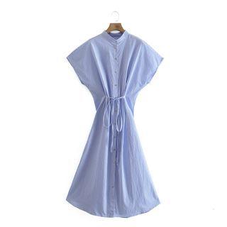 Cap-sleeve Striped Midi A-line Shirtdress