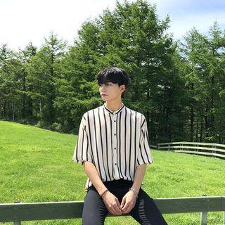 Mandarin-collar Elbow-sleeve Striped Shirt