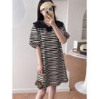 Puff-sleeve Striped A-line Polo Dress Stripe - Black & Beige - One Size