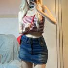 Striped Crop Camisole Top / Low Rise Belted Denim Pencil Skirt