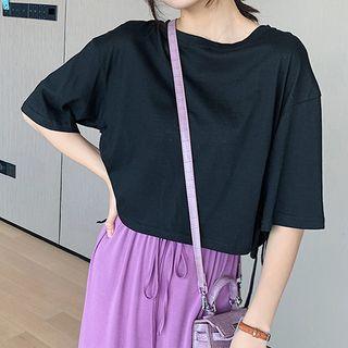 Short-sleeve Side Drawstring Plain Top