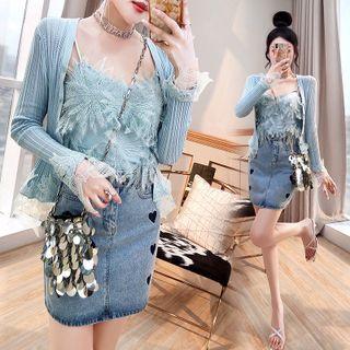 Set: Lace Trim Cardigan + Heart Print Denim Mini Skirt + Ruffled Camisole Top