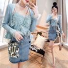 Set: Lace Trim Cardigan + Heart Print Denim Mini Skirt + Ruffled Camisole Top