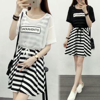 Set: Striped Sleeveless Dress + Lettering Chiffon Top