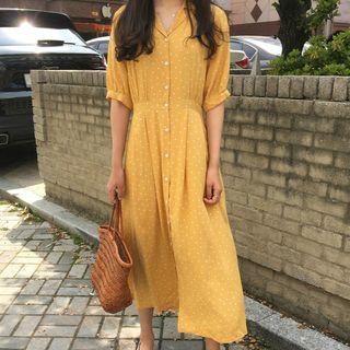 Short-sleeve V-neck Heart Dress Yellow - One Size