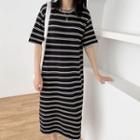 Short-sleeve Striped Knit Midi T-shirt Dress
