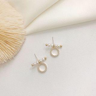 Faux Pearl Rhinestone Bar & Hoop Earring 1 Pair - Gold - One Size
