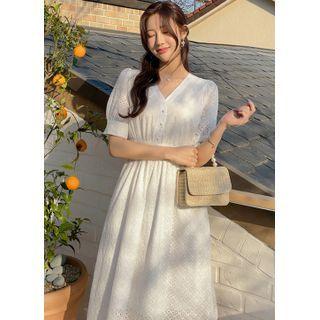 V-neck Eyelet-lace Midi Dress Ivory - One Size