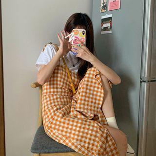 Spaghetti Strap Gingham Midi A-line Dress / Short-sleeve Plain Blazer