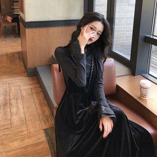 Mock Neck Long-sleeve Top / Spaghetti Strap Midi Lace Trim Dress
