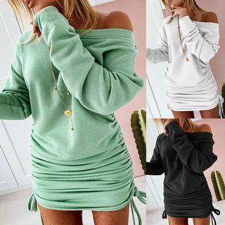 Long Sleeve Drawcord Plain Dress