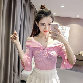 Knot Off Shoulder 3/4 Sleeve Knit Top