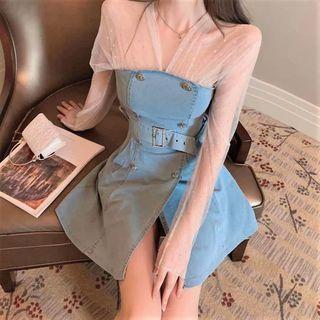 Mesh Panel Denim Mini A-line Dress