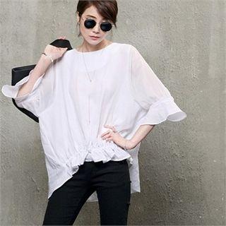 3/4-sleeve Frilled Linen Top