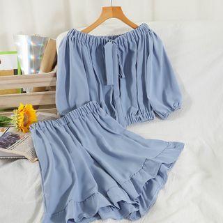 Set: Off Shoulder Blouse + Wide-leg Shorts