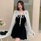 Sleeveless Plain A-line Dress / Long-sleeve Cut-out Knit Lace-up Cardigan
