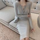 Long-sleeve Plain Slim Fit Slit Knit Dress
