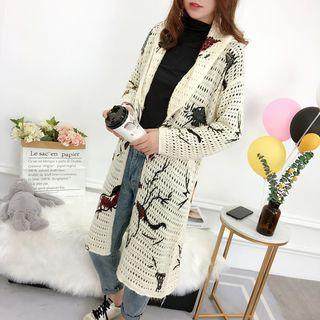 Patterned Pointelle Knit Long Cardigan White - One Size