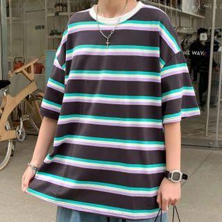 Short-sleeve Round Neck Wide Stripe T-shirt