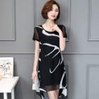 Asymmetric Short-sleeve Printed Chiffon Dress