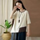 Elbow-sleeve Colored Panel Linen Top