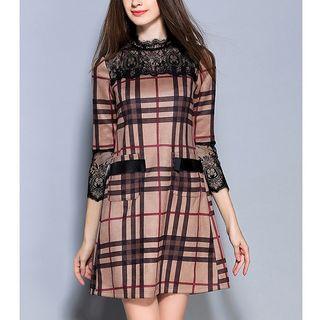 Lace Trim 3/4 Sleeve Plaid Dress
