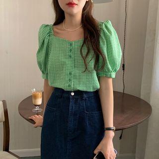Puff-sleeve Gingham Blouse / Midi A-line Denim Skirt