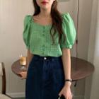 Puff-sleeve Gingham Blouse / Midi A-line Denim Skirt