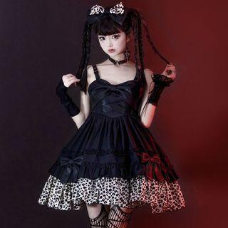 Spaghetti Strap Bow Print Leopard Print A-line Dress / Headband