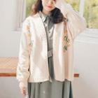 Floral Embroidered Cable Knit Open Front Cardigan