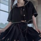 Short-sleeve Jacket / Spaghetti Strap Top / Mini A-line Pleated Skirt