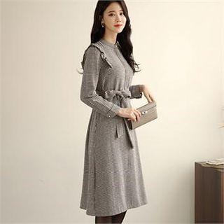 Tall Size Frill-trim Houndstooth Dress With Sash