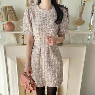 Puff-sleeve Pleated Tweed Minidress
