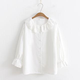 3/4-sleeve Lace Trim Plaid Shirt
