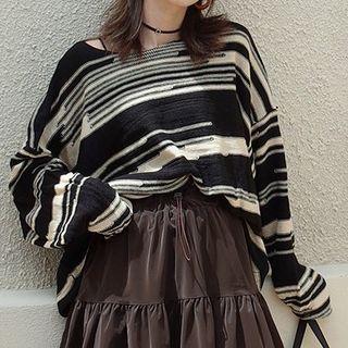 Color Block Striped Long-sleeve Top Black - One Size