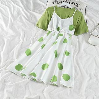 V-neck Spaghetti Strap A-line Dress Green - One Size