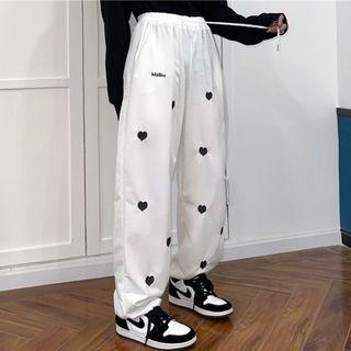 Elastic-waist Heart Embroidered Jogger Pants