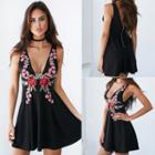 Floral Embroidered Deep Plunge Sleeveless A-line Dress