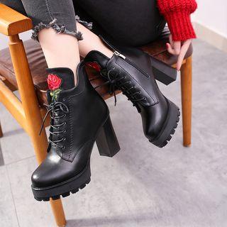 Flower Embroidered Lace Up High Heel Boots