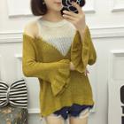 Cutout Shoulder Contrasted Panel Open Knit Sweater