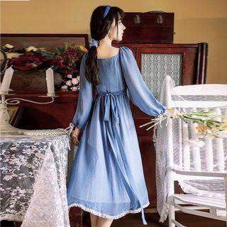 Long-sleeve Frill Trim Sheer Midi A-line Dress